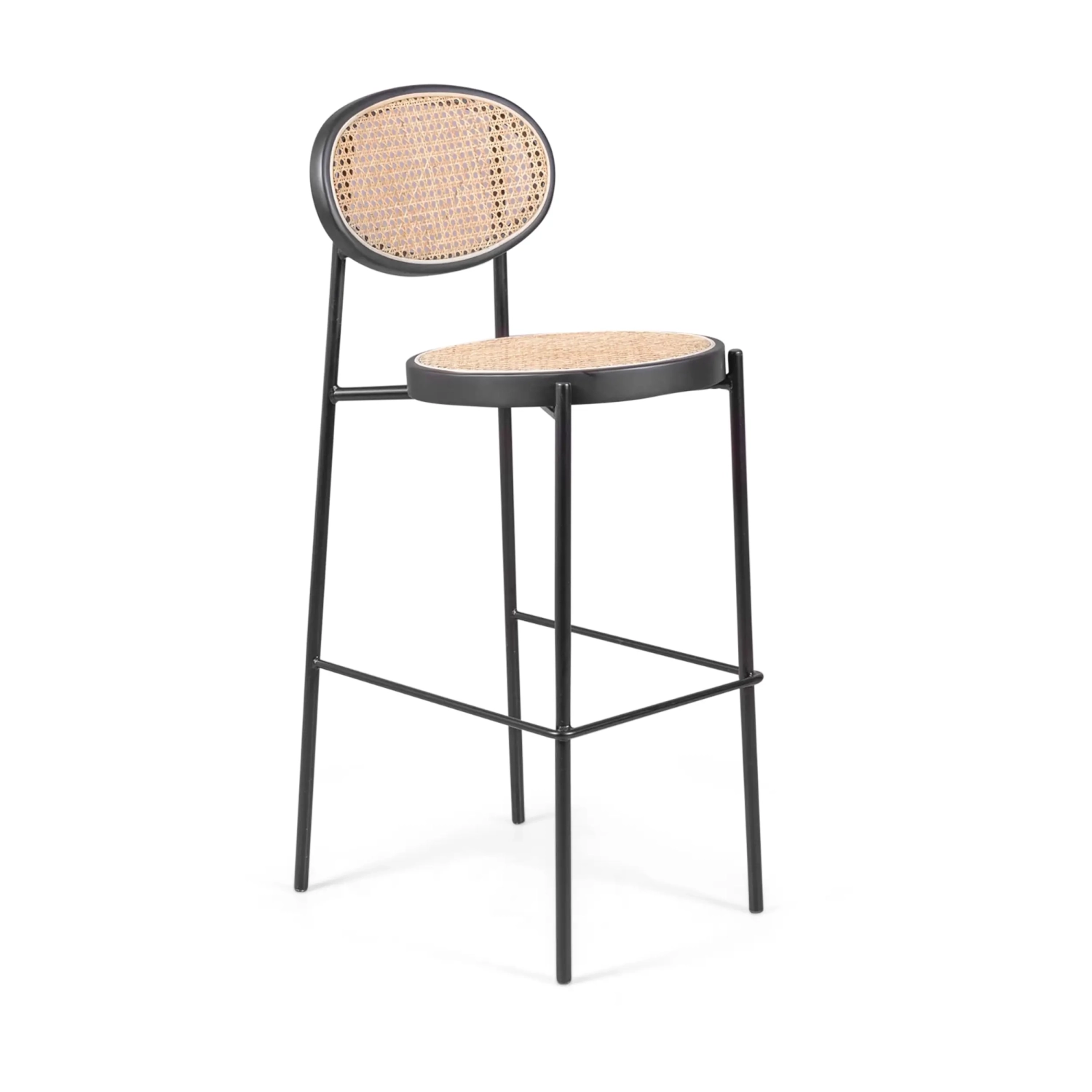 Hocker Vintage Preston 75 cm | Natürliches Rattan und schwarzer Rahmen