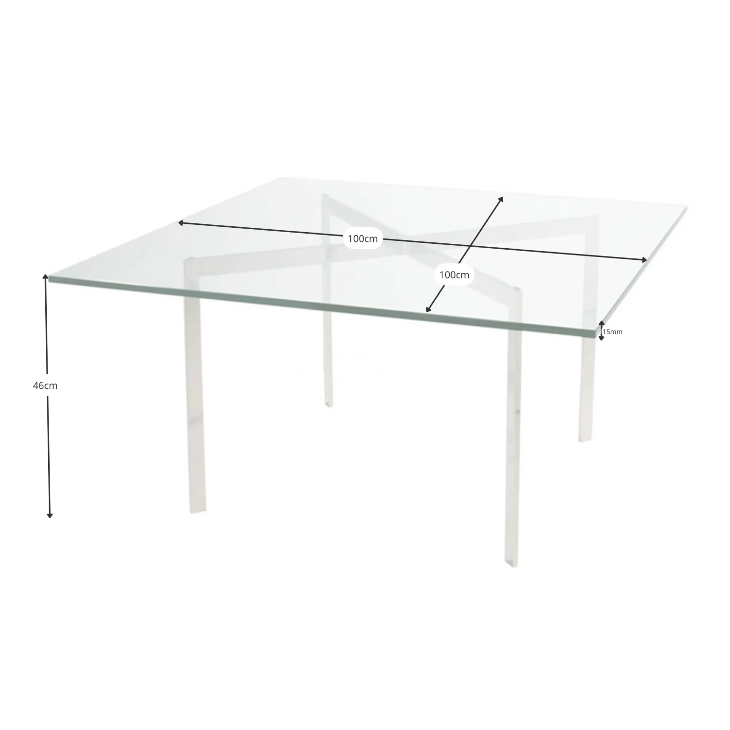 Table Mies Van Der Rohe 100x100cm : Verre trempé et acier inoxydable