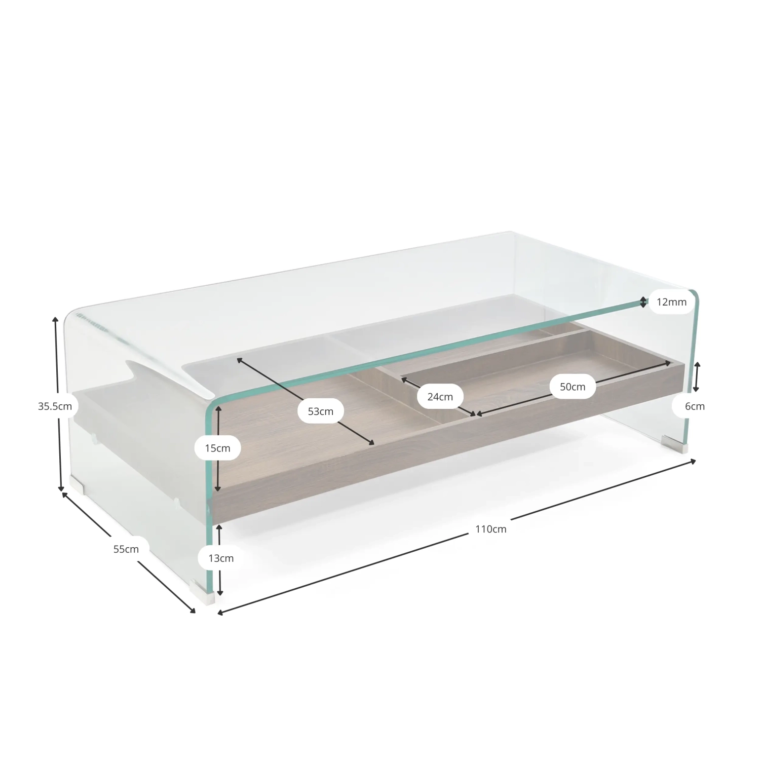 Table basse Pot : Verre trempé avec tiroir en bois