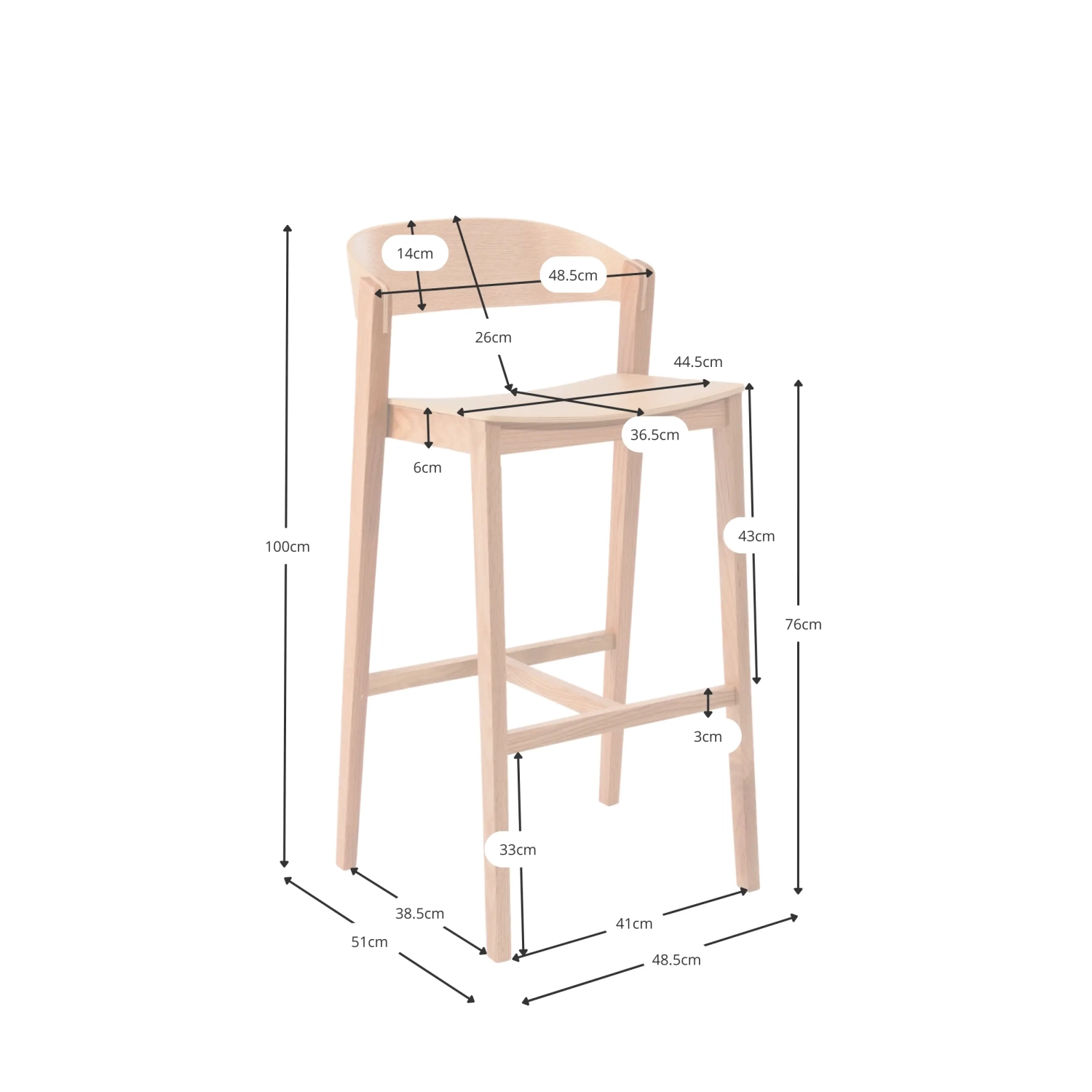 Soho Scandinavian Counter Stool 76 cm | Oak or Walnut Wood